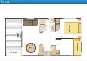 Deluxe Ensuite Holiday Cabin 8 at Arno Bay Caravan Park. Please note this floor plan is indicative only and there may be variations in layout.