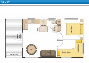 Deluxe Ensuite Holiday Cabin 9 at Arno Bay Caravan Park. Please note this floor plan is indicative only and there may be variations in layout.